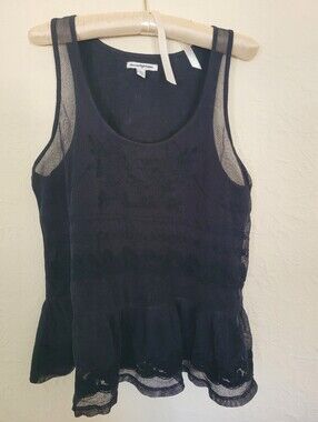 American Eagle Black Sheer Front Lace Embroidered Mesh Tank Top